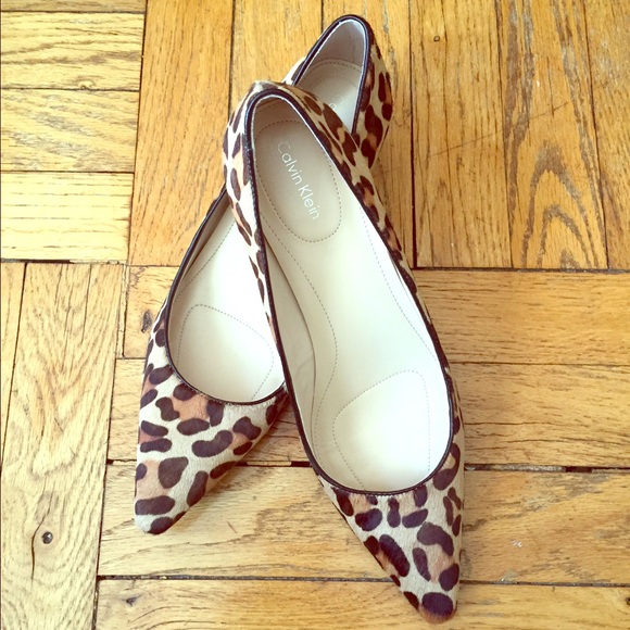 Calvin Klein leopard print pony hair kitten heels.