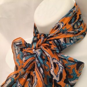Orange & Blue Floral Silk Printed Vintage Scarf Orange & Blue Floral Silk Printed Vintage Scarf