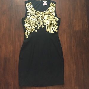 Gold embossed black cocktail dress