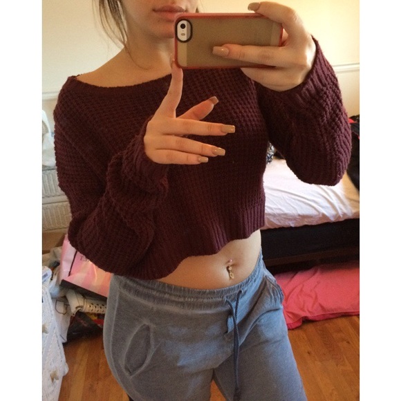 Burgundy Waffle Knit Crop Top - Picture 4 of 4