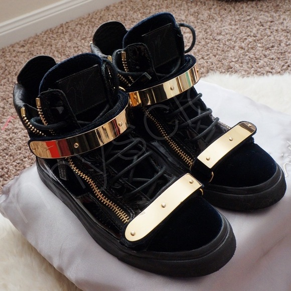 Giuseppe zanotti leather velvet gold bar sneakers