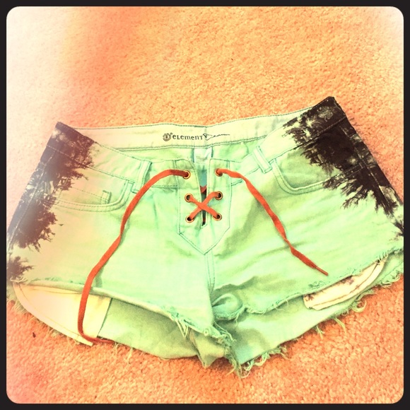 Element teal denim lace up shorts