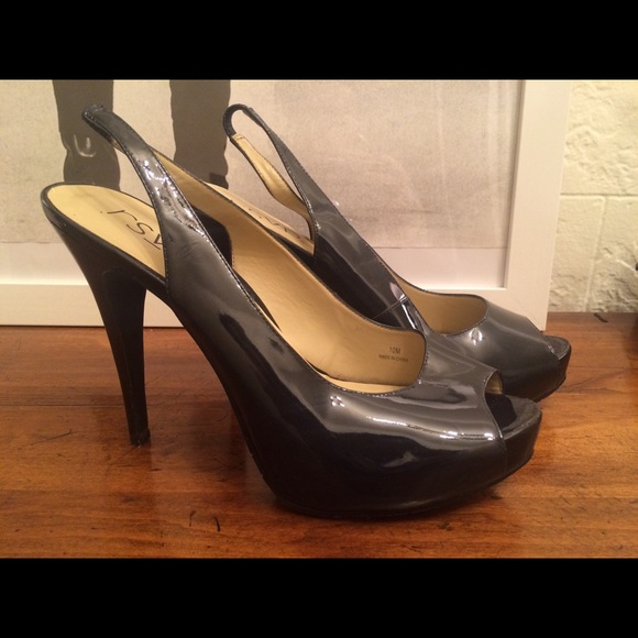RSVP Navy Patent Leather Peep Toe Slingback Heel