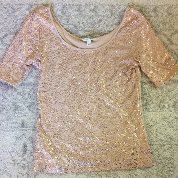 Rose Gold Sequin Blouse, Elbow Sleeve & Scoop Neck