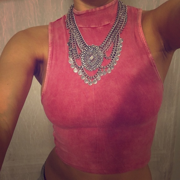 Faux turtleneck crop with muscle tee cut sleeves