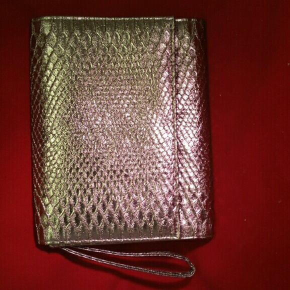 Pewter snakeskin embossed leather evening bag
