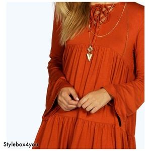 Boohoo Lilly Lace Up Smock Tiered Dress