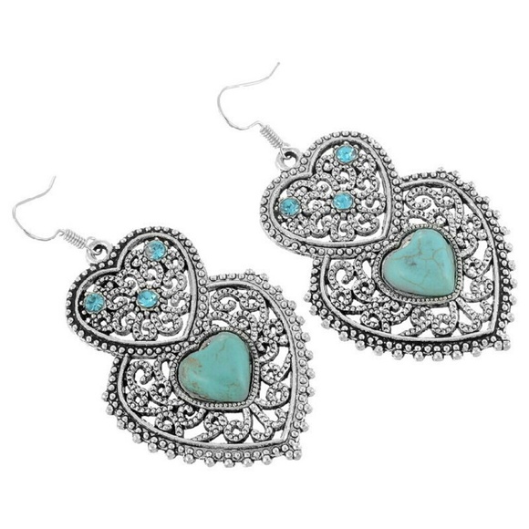 Silver plated turquoise & crystals heart earrings - Picture 2 of 2