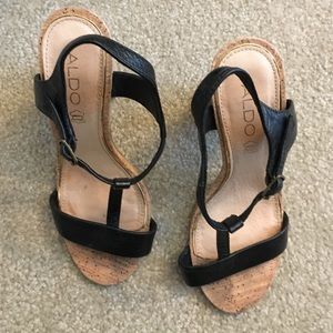 Black t-strap leather and cork heeled sandals