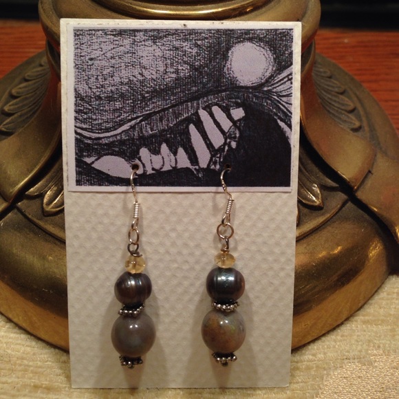 Hand crafted Blue pearl and jade earrings .