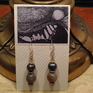 Hand crafted Blue pearl and jade earrings .