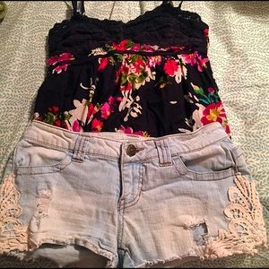 Lace embellished jean shorts and a floral top