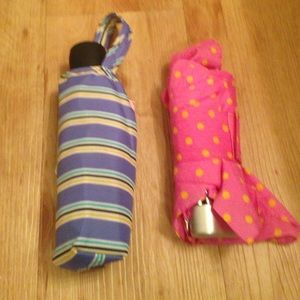 Pink polka dot and purple striped umbrella