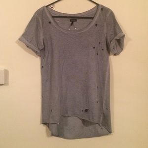 Light gray/blue distressed high low shirt