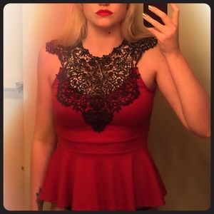 Red & Black Lace Peplum Top