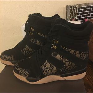 Black and Tan lace sneaker wedges