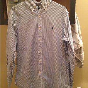 Men's Blue & white striped polo.