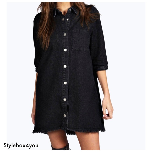 Boohoo Jade Denim Fringed Shirt Dress