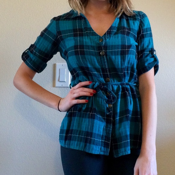 Teal Plaid Flannel Button Up Short Sleeve Shirt - Picture 1 of 1