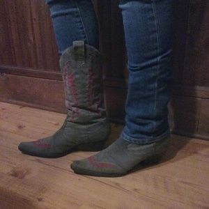 Grey and red cowgirl boots