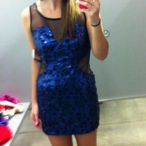 Blue sequins with black mesh cutout mini dress