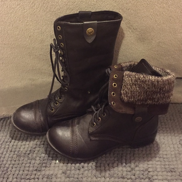 Brown knit combat boots