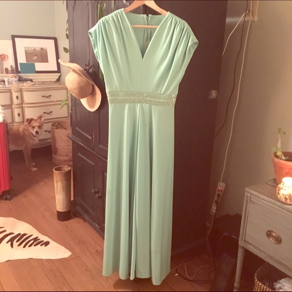 Vintage teal-mint maxi dress with beaded band.