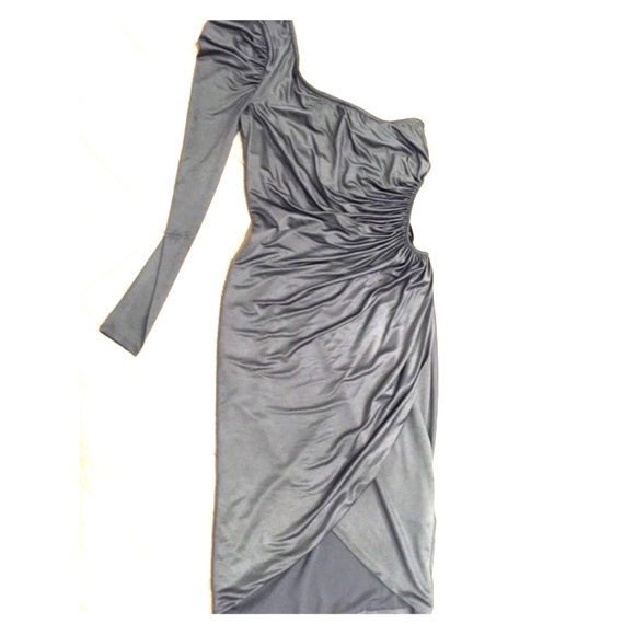 Kardashian for Bebe one sleeve dress in grey.