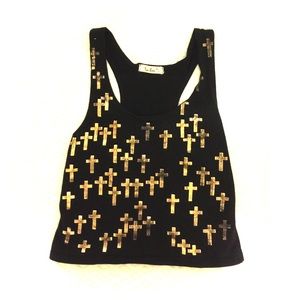 Black Cropped Tank Top with Gold Crosses