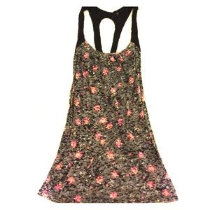 Gray Cross-Back Tank Top With Pink Flowers