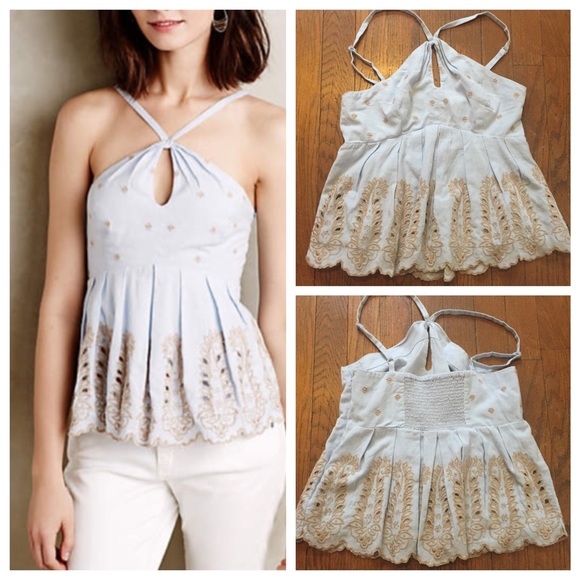 Anthropologie Tops - Anthro Sky Blue Embroidered Peplum Halter Top!