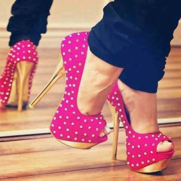 Fuchsia gold rivet peep toe heel