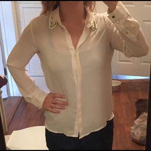 White sheer long sleeve shirt-embellished collar