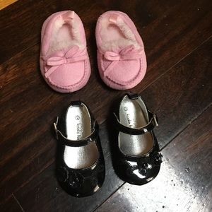 Pink slippers size 1/2; black shoes size 2