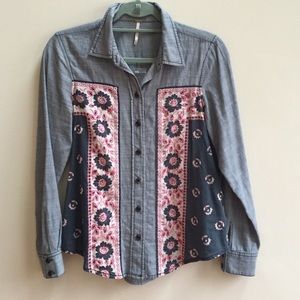 Free People Chambray Bandana Inset Buttondown Top