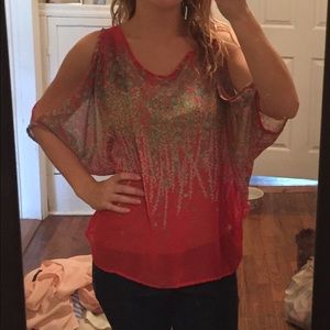 Coral floral long sleeve open shoulder blouse