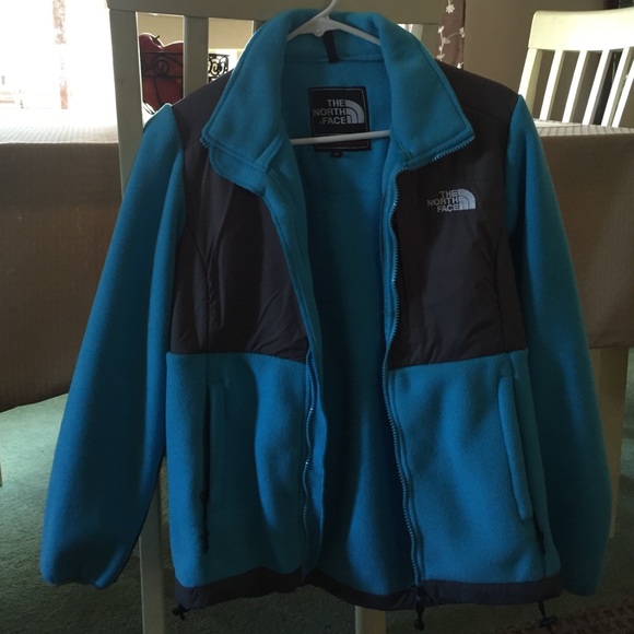 Blue and gray north face jacket