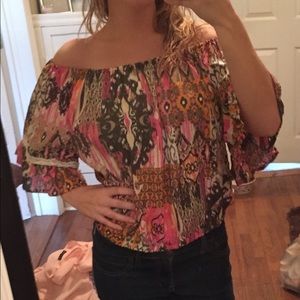 Off the shoulder pink tribal print blouse
