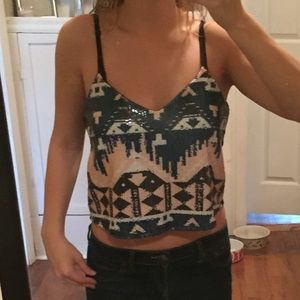 Navy white and black sequin tribal print crop top