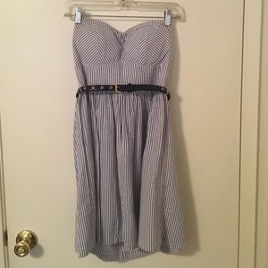 B. Smart blue and white striped strapless dress
