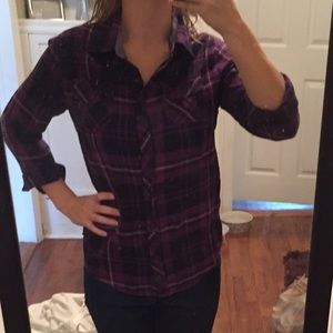 Purple and black plaid button down shirt