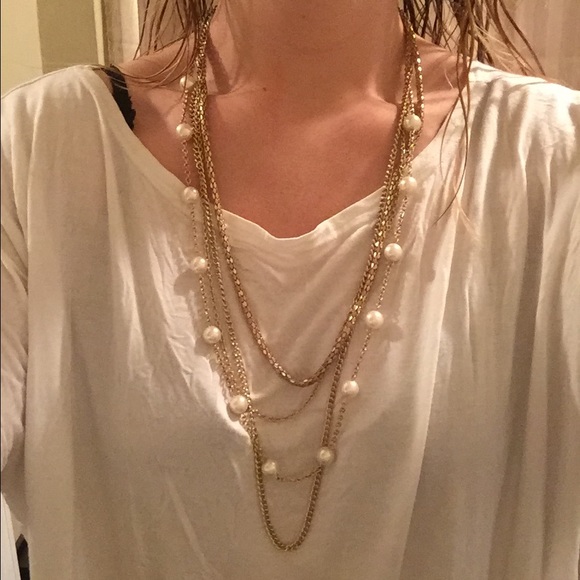 Gold and pearl long layered necklace
