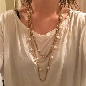 Gold and pearl long layered necklace