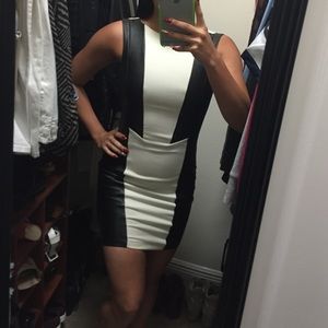 Black leather and beige dress