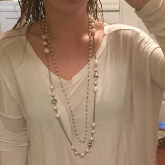 Silver and pearl long necklace