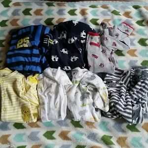 7 newborn baby boy sleepers, 2 deer outfits, pants