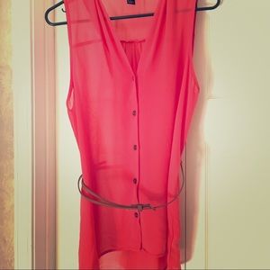 Sheer button down sleeveless top with brown belt