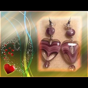 Purple Swirl Glass Heart Earrings