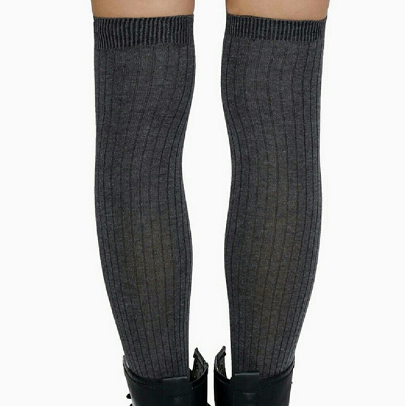 Grey Ribbed Thigh High Socks - Picture 3 of 4