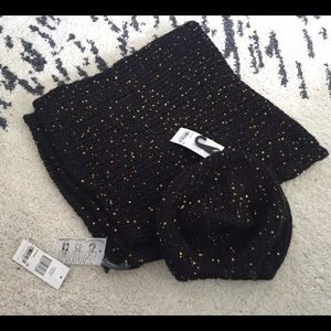 NWT black w/ gold sequins infinity scarf & beanie